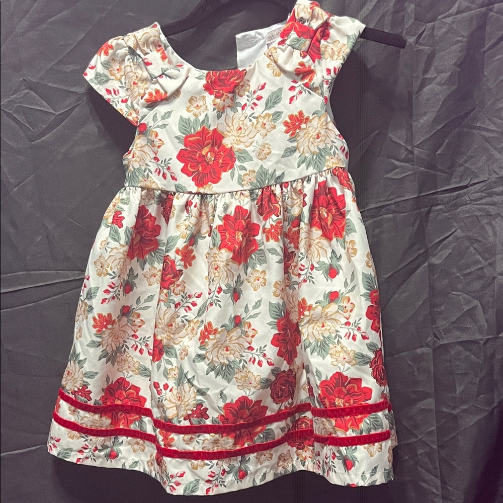 Floral Kids Dress with Red and Cream Accents